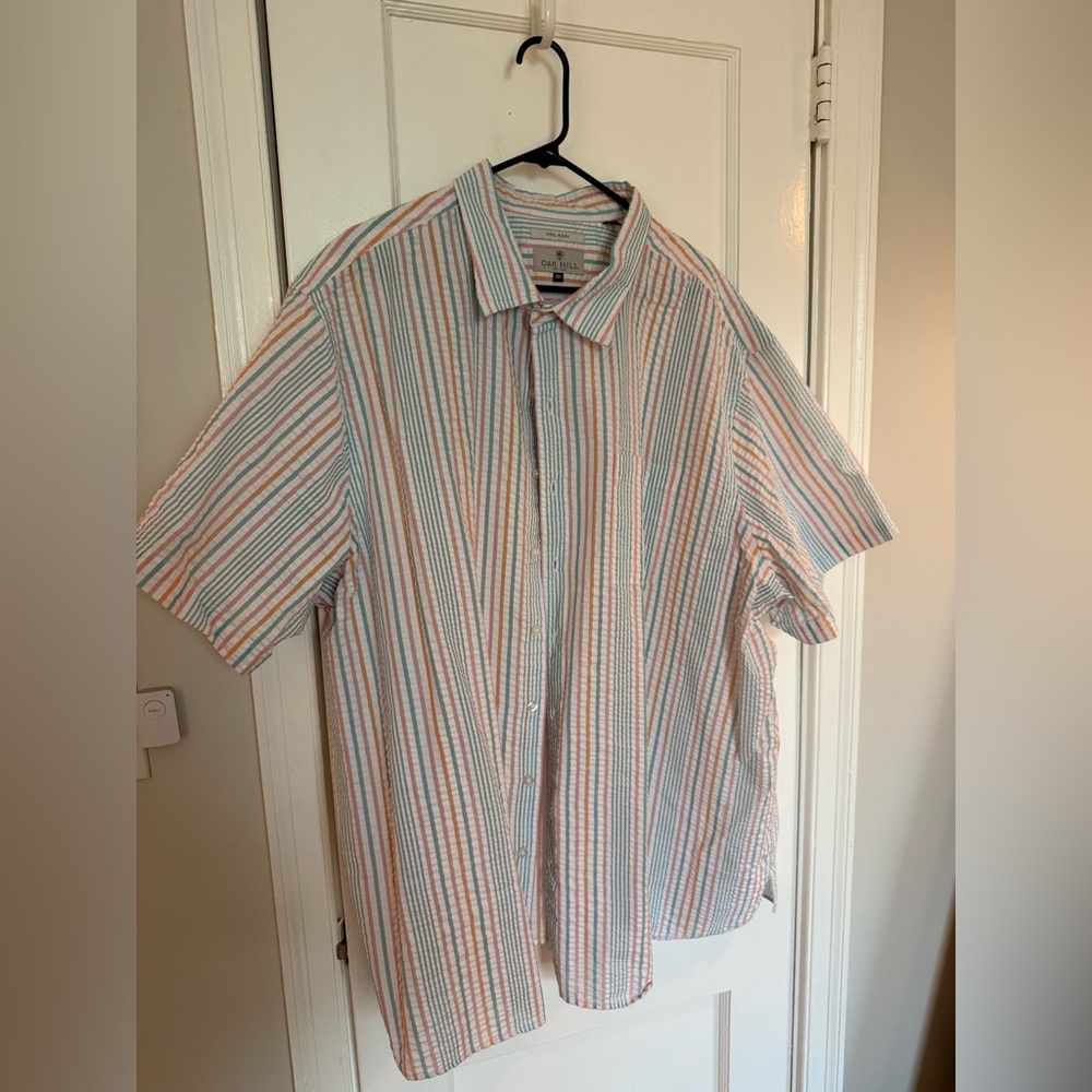 Big and Tall Blue & Orange Casual Button Up Seersucker Shirt w/Vertical Stripes